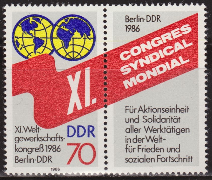 Alemania DDR 1986 Scott 2570 Sello ** Congreso Mundial Sindical Berlin 70pf + viñeta Timbre Allemagne Germania Germany Alemagne Deutschland